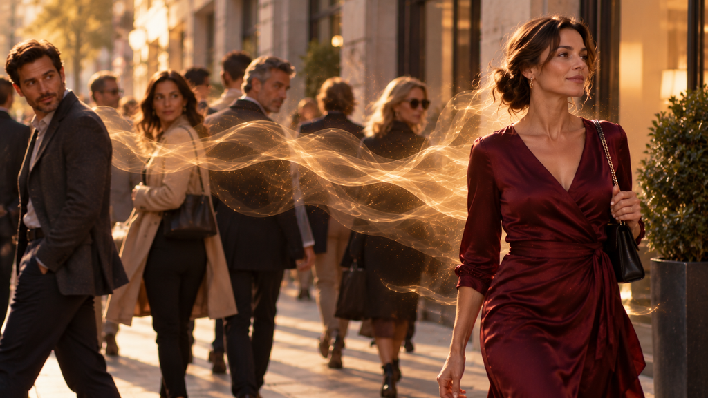 Mujer caminando por una calle mientras una estela luminosa representa la difusión de su perfume y varias personas que caminan en sentido contrario perciben su presencia.