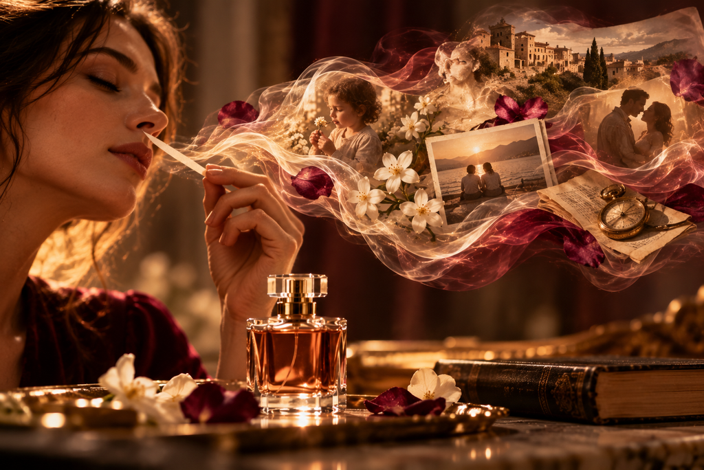 Mujer percibiendo un aroma que evoca recuerdos de la infancia, lugares y experiencias personales.